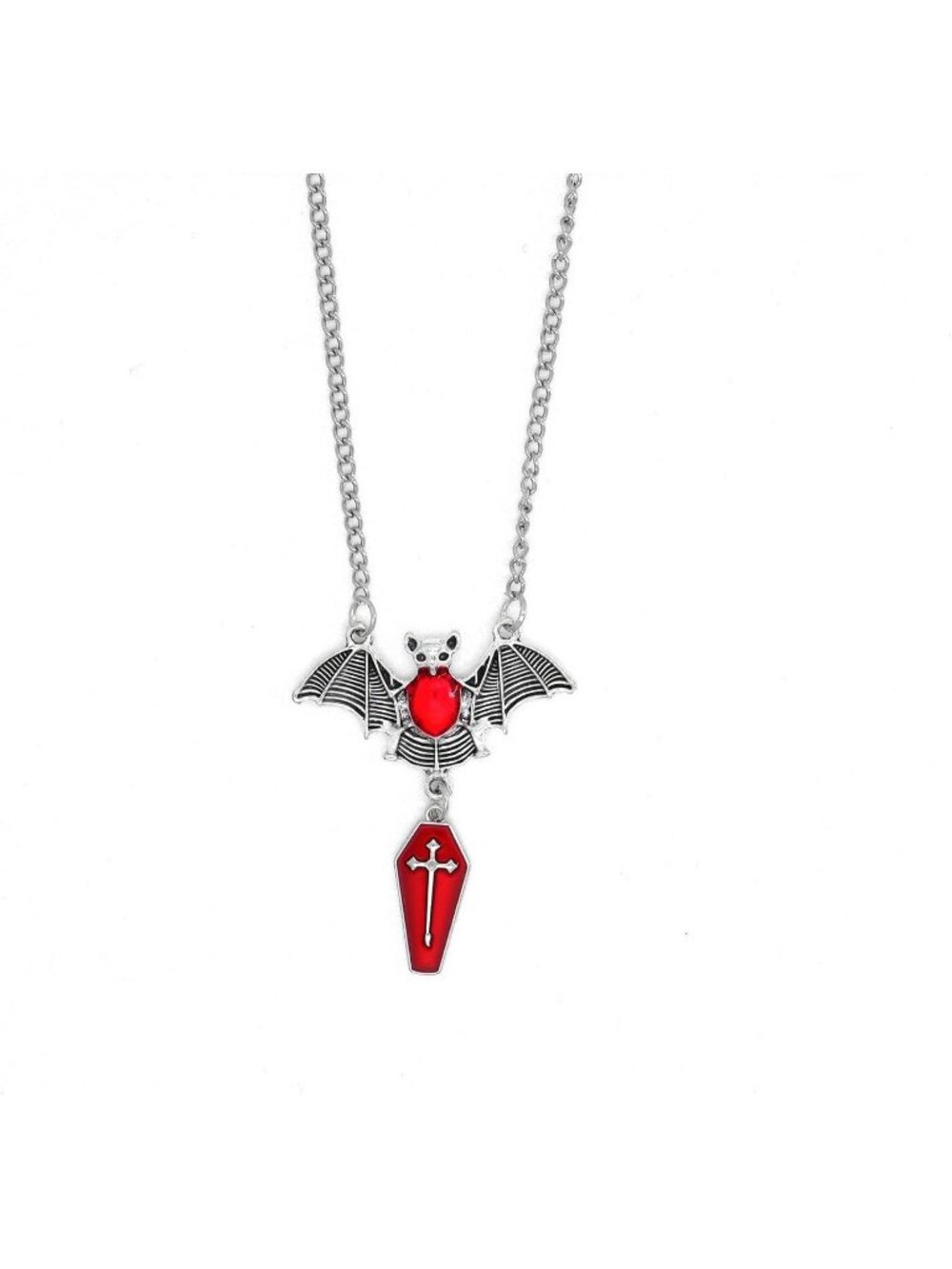Women's Red Vintage Punk Dark Crystal Coffin Cosplay  Bat Pendant Necklaces